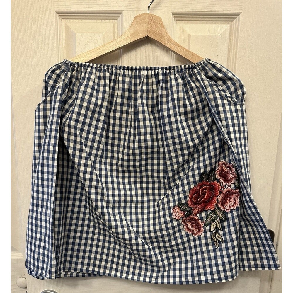 Karlie Off Shoulder Blue Gingham Top 100% Cotton Embroidered Rose Size Small